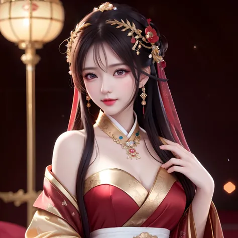 best quality, masterpiece, highres, 1girl,blush,(seductive smile:0.8),star-shaped pupils,sexy china hanfu in red, very luxury, luxury hair ornament, luxury necklace, jewelry,Beautiful face,upon_body, tyndall effect,photorealistic, dark studio, rim lighting...