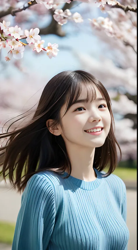 (Spring colorful sweaters and shirts、Low angle shot of one girl with slender small breasts and long hair with dull bangs :1.5)、(Low angle shot of a girl dancing happily、the hair flutters with the wind :1.5)、(Rows of cherry blossom trees in full bloom and c...