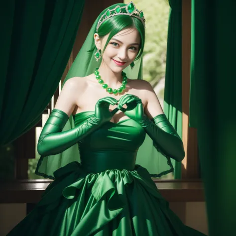 emerald tiara, Green Pearl Necklace, Boyish very short green hair, lipsticks, Japan woman smiling, very short short hair,  big breasts beautiful, Green eyes, Long green gloves made of satin material, Green eyes, Emerald Earrings, green vale, Heart with bot...