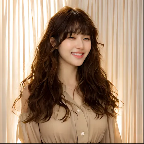 Smiling Araped woman with long hair and tan shirt, Bangs and wavy hair, bae suzy, Curly bangs, neat hair with bangs, Lee Ji-eun, Izzy-silver(Izzy-silver(Lee Ji - Eun)), With bangs, long hair with bangs, wavy shoulder-length hair, Long hair with full bangs,...