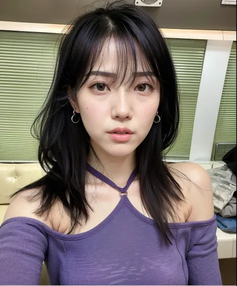 Araped Asian woman wearing purple top and long black hair, jinyoung shin, kim doyoung, ulzzang, sonyoonjoo, she has black hair with bangs, Izzy-silver(Lee Ji - Eun), Lee Ji-eun, jaeyeon nam, heonhwa choe, Park Jimin / Park Ji-min, With bangs, with short ha...