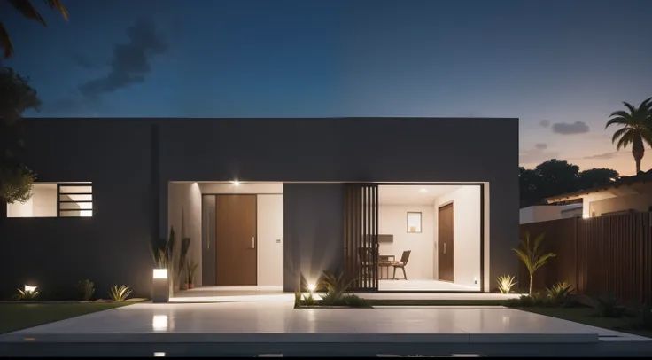 Southwest front view, casa, ((estilo moderno), uma gararem,uma porta,uma janela, entrada concretada, jardim,night ligthning, Lumion Pro rendering, cinematic quality