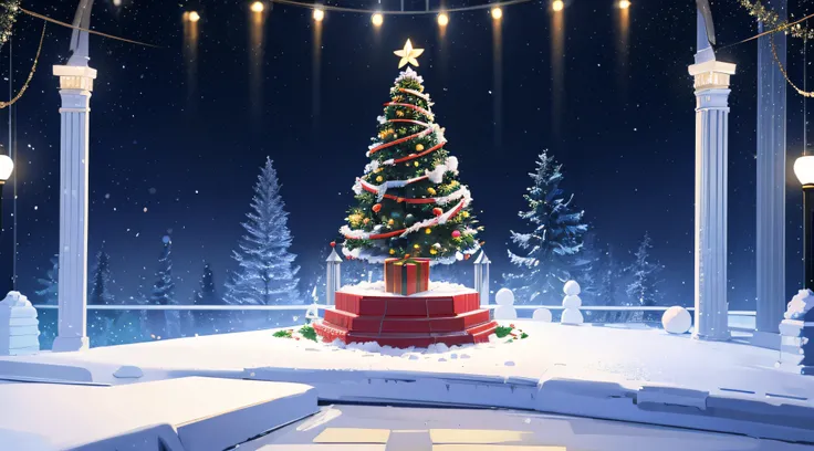 Christmas background with cylindrical podium for promotions. Round stage for presentation sale product. Stage pedestal or platform in snow between Xmas trees, glass balls hanging. Vector illustration