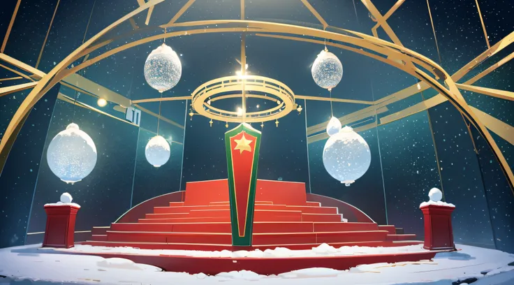 Christmas background with cylindrical podium for promotions. Round stage for presentation sale product. Stage pedestal or platform in snow between Xmas trees, glass balls hanging. Vector illustration