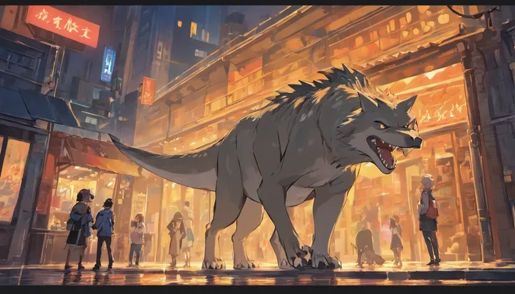 Dinosaurs carry wolves，the city street，nigth，