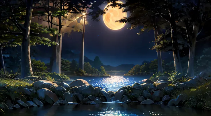 (bright,dreamy:1.2),anime-style,luminous moon and starry night sky, vibrant purple background, a majestic tree,ultra-detailed fo...