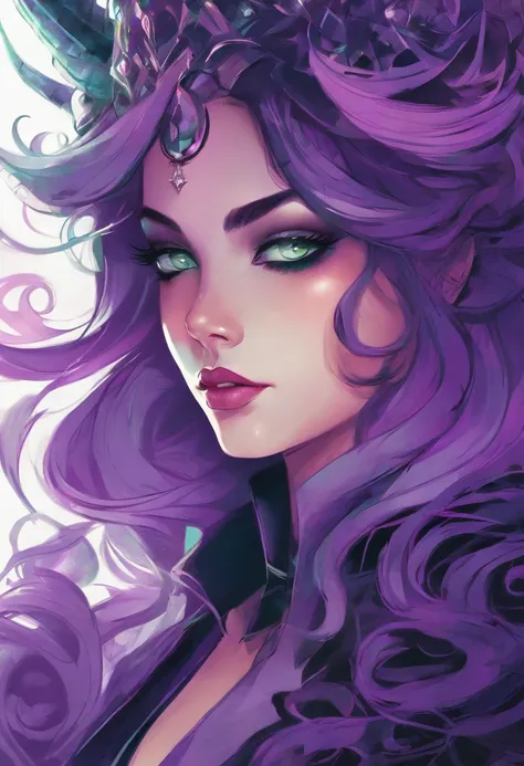 Close up of a woman wearing purple hair and purple glowing eyes, Glowing green pumpkin, lois van baarle and rossdraws, artgerm and lois van baarle, artgerm and rossdraws, rossdraws cartoon vibrant, a beautiful succubus, Ross Tran style, rossdraws 2. 5, ins...