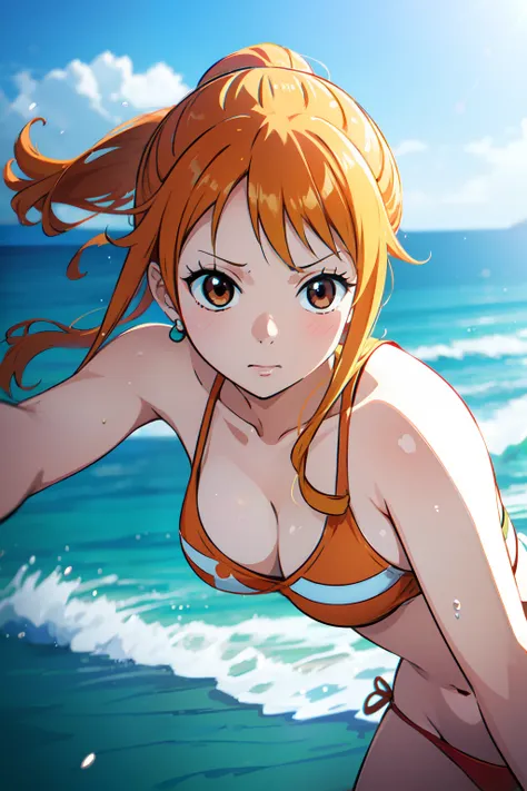 Nami of one piece, long orange ponytail hair, Beautiful brown eyes, Blushing cheeks, Wearing a bright bikini, Enjoy a sunny day at the beach. Art style is、Must resemble a captivating anime style.

About image quality, priority (Best Quality, 4K, 8K, hight ...