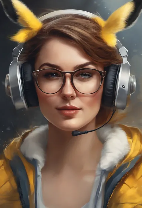 Centrage parfait, Pikachu mignon, Wear a student team jacket, porter des lunettes de soleil, Wearing Headphones, cheerfulness, Position debout, abstract beauty, centered, looking at the camera, facing camera, Proche de la perfection, dynamique, highly deta...