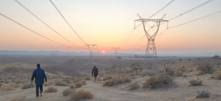 Two men were walking in the desert near the power line, Power line at sunset, pylons, at a beautiful sunset, Fix HD