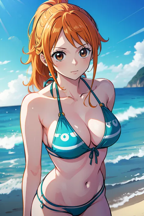 Nami of one piece, long orange ponytail hair, Beautiful brown eyes, Blushing cheeks, Wearing a bright bikini, Enjoy a sunny day at the beach. Art style is、Must resemble a captivating anime style.

About image quality, priority (Best Quality, 4K, 8K, hight ...