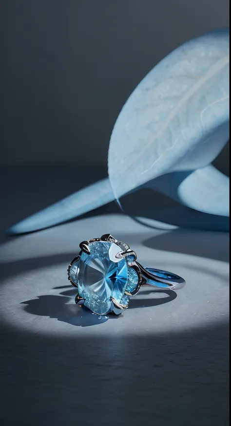 Jewelry product photography, with out model, a ring in blue background, light and shadow, advertising photo, hyper realistic photo