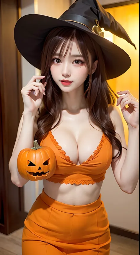 1 beautiful young girl, Super beautiful detailed face, shyly smile, (Beautiful small breasts), witch outfit:1.37, Orange pencil skirt, witchs hat, Semi-long hair, (Fine face:1.2), High quality, Realistic, extremely detailed CG unified 8k wallpaper, Highly ...