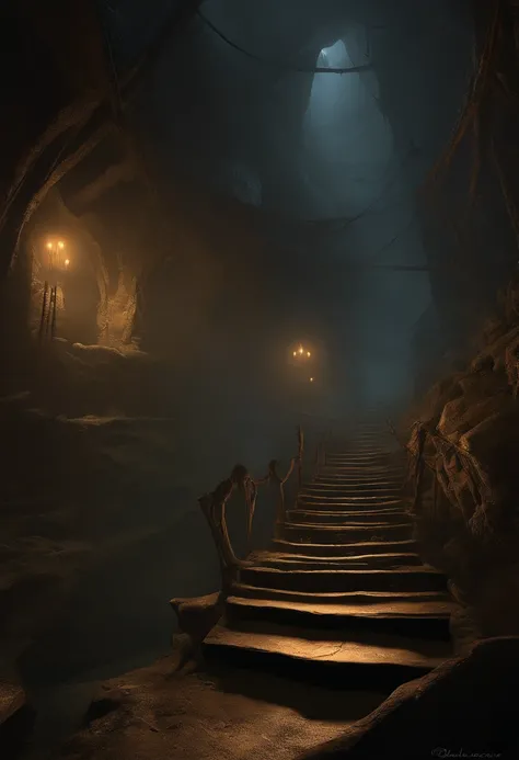 inside mines, nighttime, torchlight, giant webs, walkways made of web, darkness below the walkways, spiders, spider eggs, creepy, dark, webways, underdark, painted as a game concept art, environment concept art, environment and concept art, painterly conce...