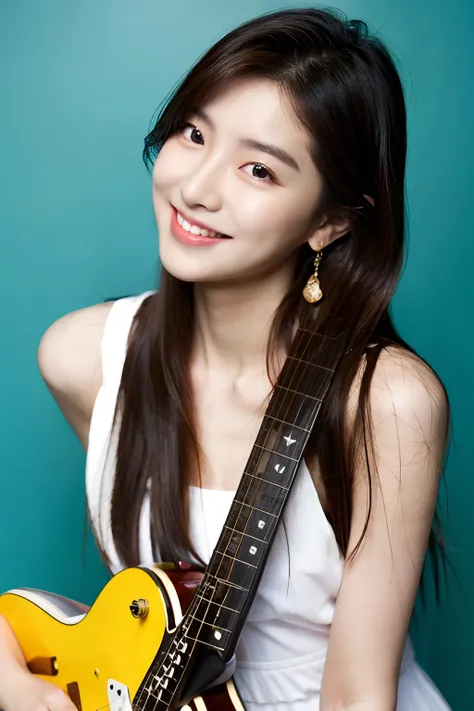 clever, korea, slim face, Thai face, highly detail face, cute, skinny,medium eye, fine skin, clear skin, fashion, dress, guitarist, playing electric guitar, woman, long hair