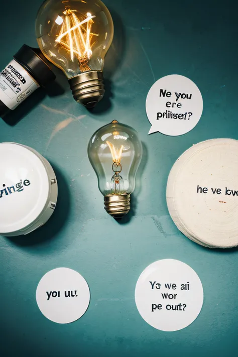 Brainstorming concept with a light bulb and speech bubbles - Flat lay