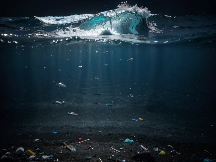 Ocean pollution caused by plastic and microplastics depicted in a real photo, uhd, 8k