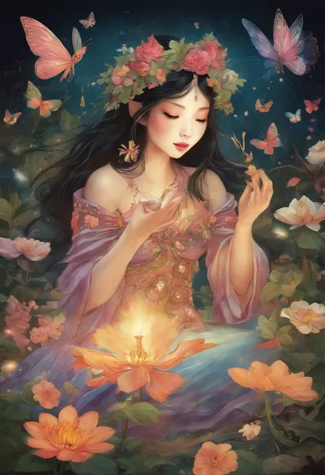 an asian fairy sitting in the center of a flower. around her are fireflies and butterflies. the fairy is playing an ocarina