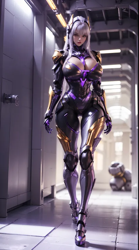 (1GIRL, SOLO), (super detailed face,white hair), (mecha headwear:1.3), (BIG BUTTOCKS, MUSCLE ABS, HUGE BOOBS:1.5), (MECHA GUARD ARM:1.3),(PURPLE,BLACK,GOLD, SHINY MECHA CYBER ARMORED SUIT, CLEAVAGE, MECHA SKINTIGHT SUIT PANTS, DIAMOND CORE IN ARMOR, MECHA ...