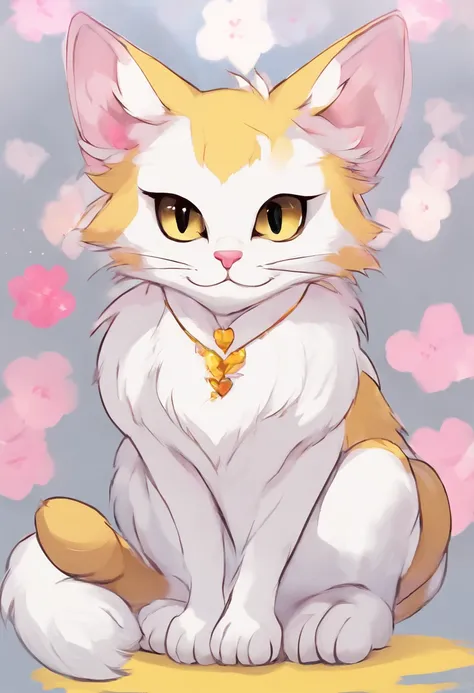 anthropomorphic cat, grey fur, yellow cat eyes, There are tears in the ears, Simple white shirt, pink paw pads, soft expression, Gentle smile, The human body is tall