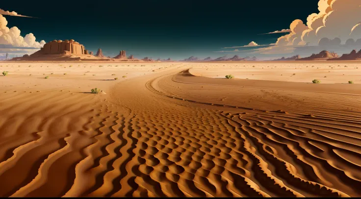 Give me a sandy flat desert background, colony, anime style