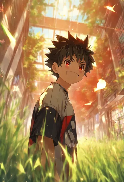 1boy,11 years old,(upper body: 1.8),short hair,T-shirt,Open your mouth and smile:1.8,hair between eyes,Black hair,Summer,red eyes,Grass, insect net, insect basket, sunlight, in front of elementary school, half pants