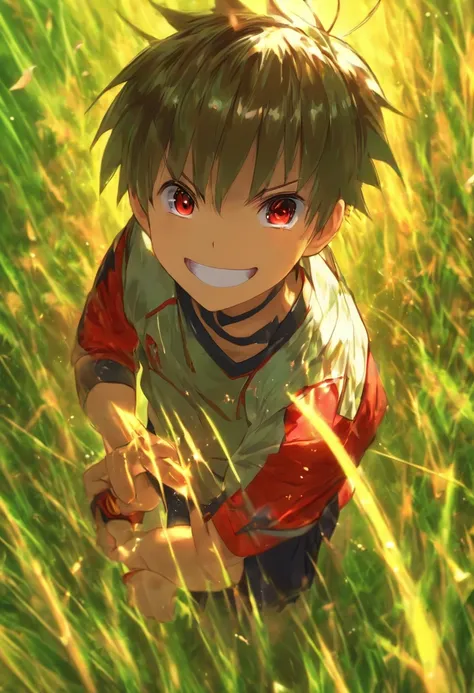 1boy,11 years old,(upper body: 1.8),short hair,T-shirt,Open your mouth and smile:1.8,hair between eyes,Black hair,Summer,red eyes,Grass, insect net, insect basket, sunlight, in front of elementary school, half pants