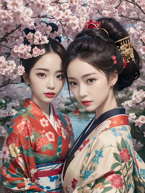 In a futuristic scene, Geisha in Japan with mechanical reinforcement、Elegant in elaborate gardens. She has beautifully detailed eyes and lips that complement her face. Geishas wear traditional kimonos with intricate patterns and designs. Around her are bri...