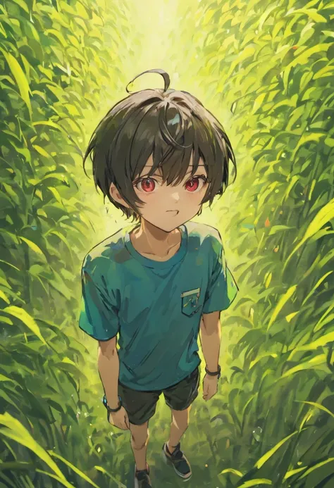 1boy,11 years old,(upper body: 1.8),short hair,T-shirt,Open your mouth and smile:1.8,hair between eyes,Black hair,Summer,red eyes,Grass, insect net, insect basket, sunlight, in front of elementary school, half pants