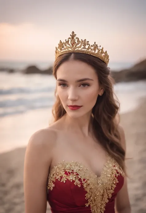 red and gold dress tiara on the beach