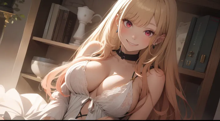 Absurd resolution, high - resolution , (masterspiece:1.4), Ultra Verbose , (((Solo))), 1girl, Red eyes, Medium breasts, Long hair, blond hair, Straight hair, Bangs, earrings, cleavage, see-through white dress, smile