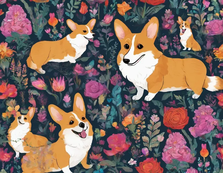 corgi　florals　colourfull