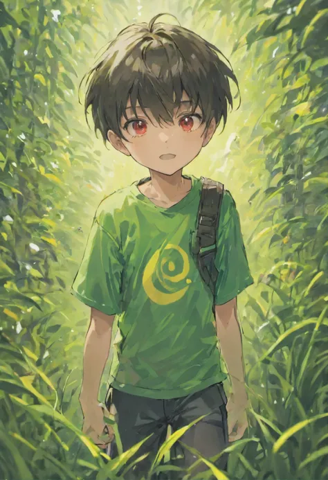 1boy,11 years old,(upper body: 1.8),short hair,T-shirt,Open your mouth and smile:1.8,hair between eyes,Black hair,Summer,red eyes,Grass, insect net, insect basket, sunlight, in front of elementary school, half pants