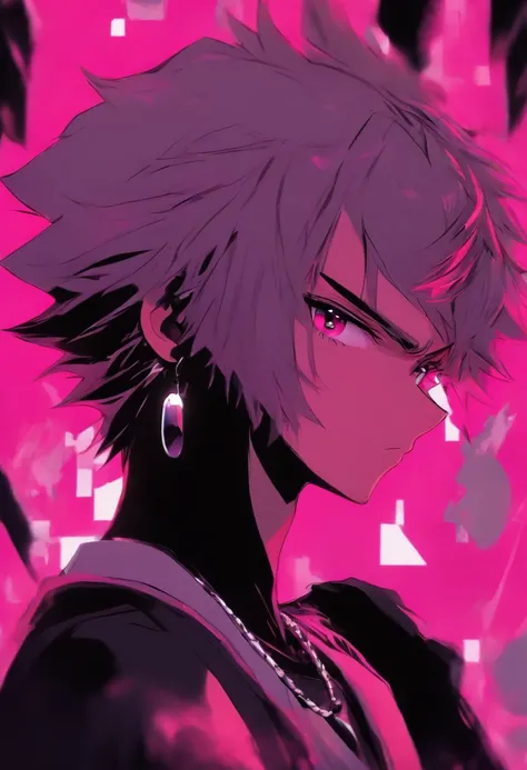 a young person with an anime looking style is dressed in black and gray. on a pink background, male focus, 1boy, animal ears, solo, shirt, pink background, collar, black shirt, simple background, jewelry, white hair, mouth hold,short hair