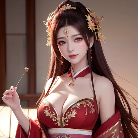 best quality, masterpiece, highres, 1girl,blush,(seductive smile:0.8),star-shaped pupils,sexy china hanfu in red, very luxury, luxury hair ornament, luxury necklace, jewelry,Beautiful face,the chest is open, showing underwear, wearing tube top, beautiful b...