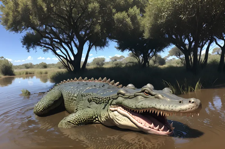 Generate a crocodile with a durag on in an African swamp