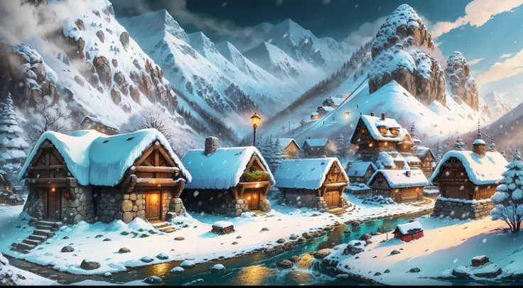 Give me a stone Houses in a snowing mountainous village background, colony, anime style