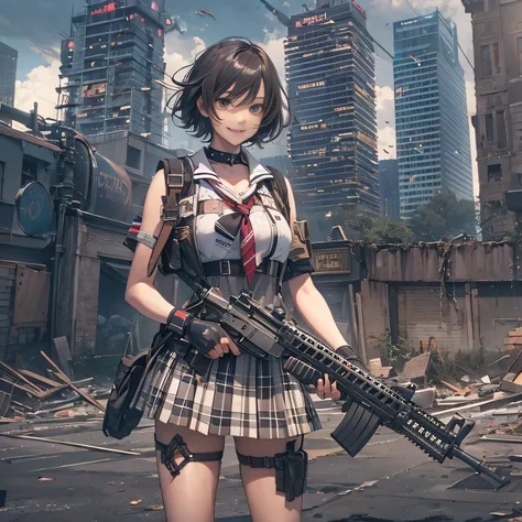 masterpiece, High quality, Cinematic lighting, Front camera angle, Ruined metropolis, High school girl standing on the ground holding an assault rifle (M16), Beautiful girl, Invincible grin, Stylish, Short hair , cleavage, short sailor suit, tartan miniski...