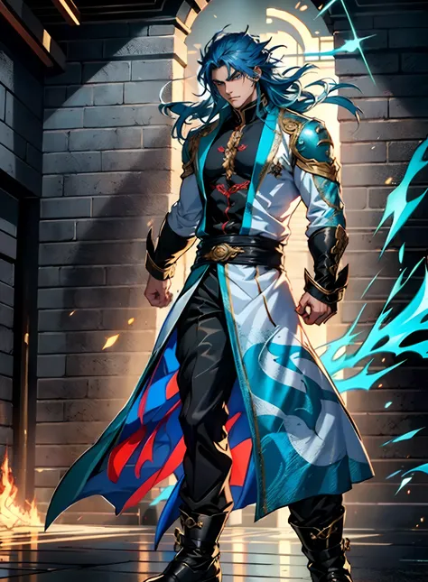 A young man with long slate-blue hair, disheveled and flying hair, sharp gaze, a resolute countenance, he has a mixed West Asian and Eastern European appearance, a fantasy wuxia-style tight-fitting trench coat robe, with a flowing hem, the color scheme is ...