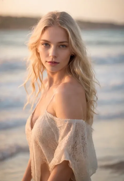 NSFW - Half-length photograph of Gorgeous 18 year old blonde playing in shallow water on beach. Beautiful soft light, near sunrise. Wet hair, wet body.