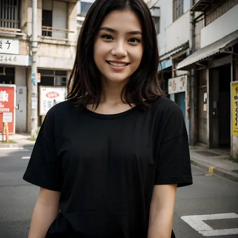 a black T-shirt　A dark-haired　Street style　Okinawa　Smile