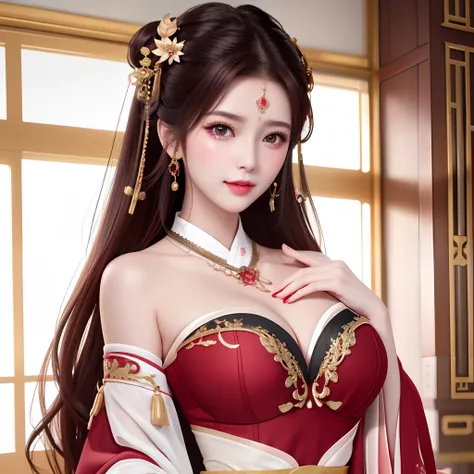 best quality, masterpiece, highres, 1girl,blush,(seductive smile:0.8),star-shaped pupils,sexy china hanfu in red, very luxury, luxury hair ornament, luxury necklace, jewelry,Beautiful face,the chest is open, showing underwear, wearing tube top, beautiful b...