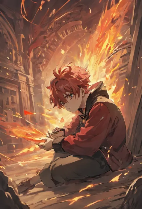 Anime boy sitting on the ground holding a red book, a character portrait inspired by Bian Shoumin, pixiv, shin hanga, handsome japanese demon boy, detailed fan art, keqing from genshin impact, official fan art, 🍁 Cute, zerochan art, zerochan, :14 80s anime...