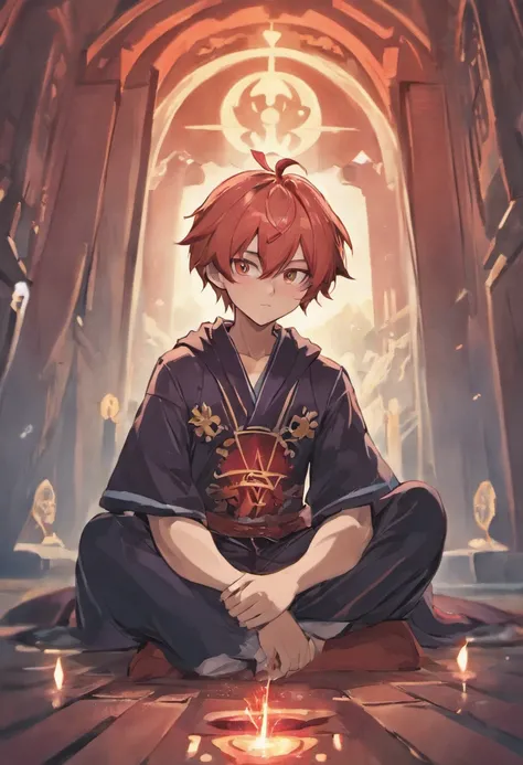 Anime boy sitting on the ground holding a red book, a character portrait inspired by Bian Shoumin, pixiv, shin hanga, handsome japanese demon boy, detailed fan art, keqing from genshin impact, official fan art, 🍁 Cute, zerochan art, zerochan, :14 80s anime...