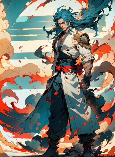 A young man with long slate-blue hair, disheveled and flying hair, sharp gaze, a resolute countenance, he has a mixed West Asian and Eastern European appearance, a fantasy wuxia-style tight-fitting trench coat robe, with a flowing hem, the color scheme is ...