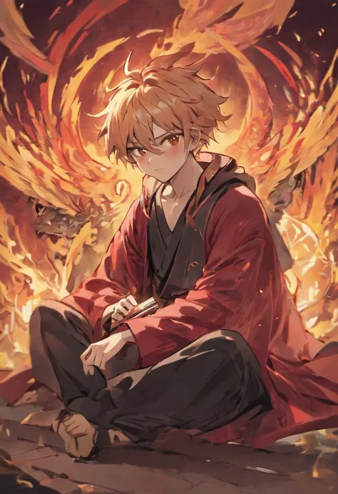 Anime boy sitting on the ground holding a red book, handsome japanese demon boy, detailed fan art, keqing from genshin impact, inspired by Bian Shoumin, official fan art, by Yang J, 🍁 Cute, zerochan art, zerochan, :14 80s anime style, zhongli from genshin ...