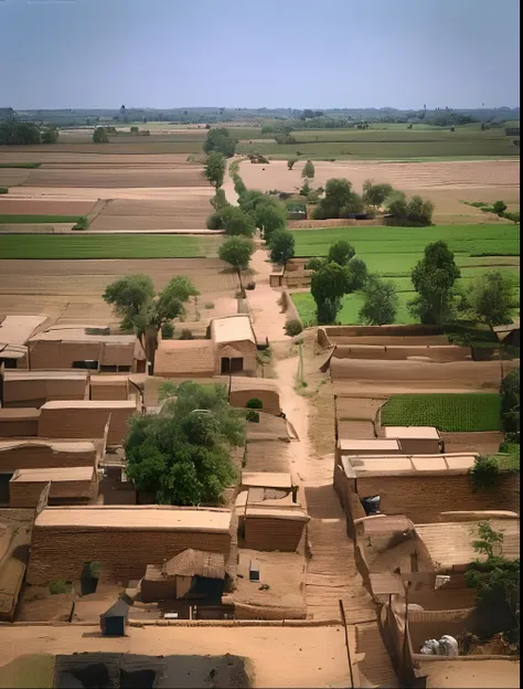 arafed village with a dirt road and a dirt road in the middle, distant shot birds eye view, view of villages, wide view of a farm, villages, farm land, photo taken from above, aerial view of an ancient land, village far away, very clear picture, birds eye ...