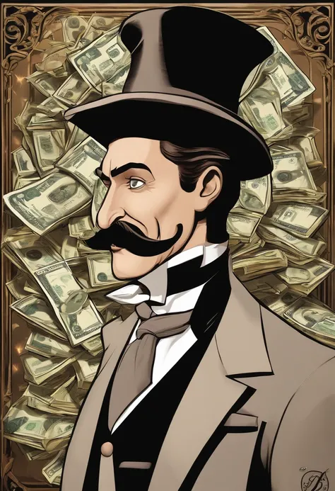 Disney Cartoon Movie Poster, avec un homme blanc mince mais avec un grand nez, He is dressed in a nice suit and hat like Arsene Lupin, il a aussi une canne avec un diamant au bout, standing in a safe filled with bills and coins, With an evil smile, Inside ...