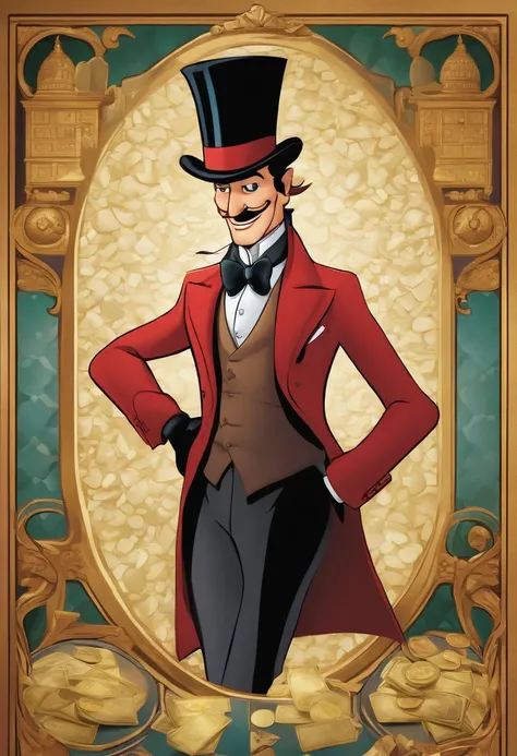 Disney Cartoon Movie Poster, avec un homme blanc mince mais avec un grand nez, He is dressed in a nice suit and hat like Arsene Lupin, il a aussi une canne avec un diamant au bout, standing in a safe filled with bills and coins, With an evil smile, Inside ...