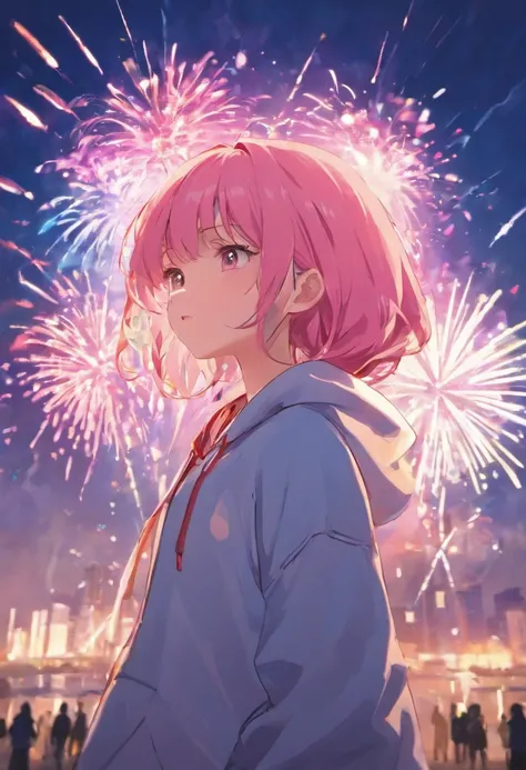 Anime girl with pink hoodie and fireworks background, anime style 4 k, nightcore, Cute art style, anime art wallpaper 4k, anime art wallpaper 4k, anime wallaper, splash art anime loli, Cute anime girl, sparklers, anime style illustration, [ Fireworks in th...